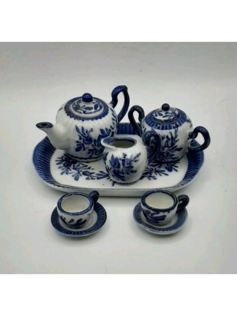 Mini Doll Tea Set Blue & White Floral Ceramic 10pc with Tray Teapot 2 Cups Opens